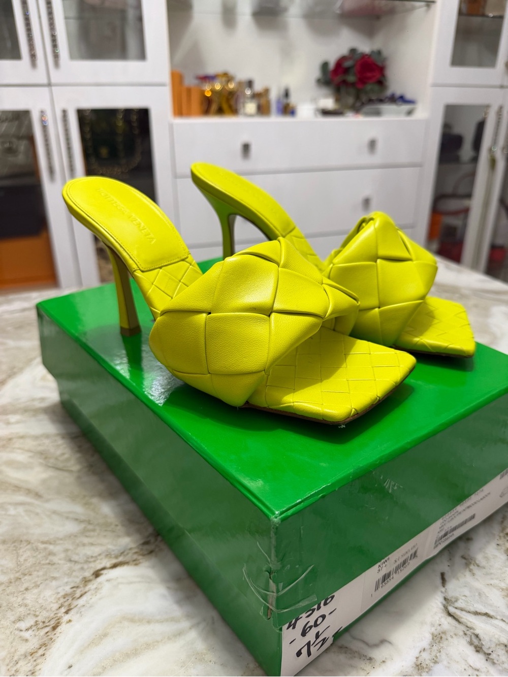 Bottega Veneta Neon Yellow Woven Square-Toe High Heel Mules